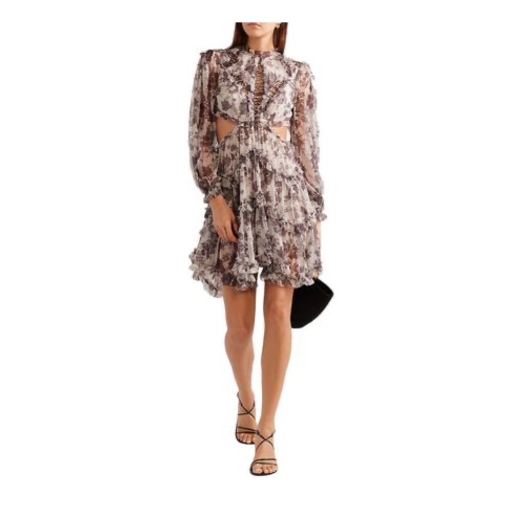 Zimmermann JUNO OPEN-BACK PRINTED SILK-GEORGETTE MINI DRESS IN MUSHROOM Sz0